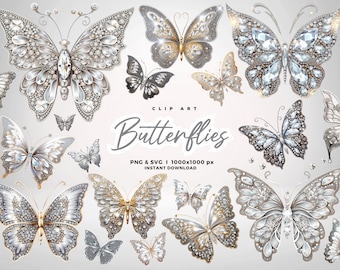3D Silver Sparkling Butterflies Clip Art, Glitter Butterflies Clipart, illustrations, scrapbook embellishments. Commercial use PNG SVG JPG