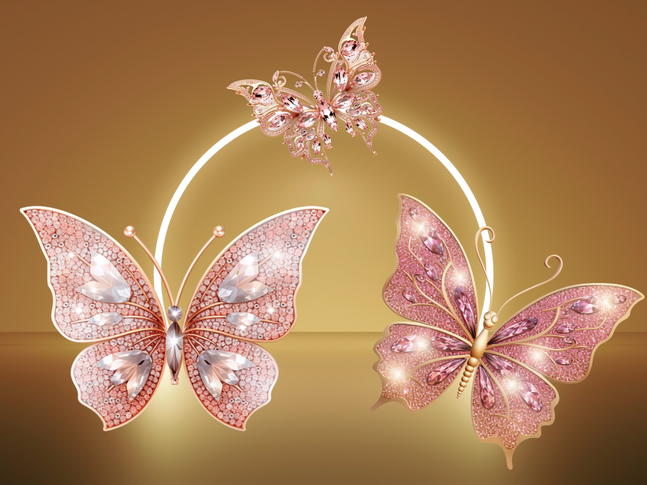 3D Rose Gold Sparkling Butterflies Clip Art, Glitter Butterflies