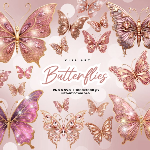 3D Rose Gold Sparkling Butterflies Clip Art, Glitter Butterflies Clipart, illustrations, scrapbook embellishments Commercial use PNG SVG JPG