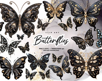 3D Black Sparkling Butterflies Clip Art, Glitter Butterflies Clipart, illustrations, scrapbook embellishments. Commercial use PNG SVG JPG
