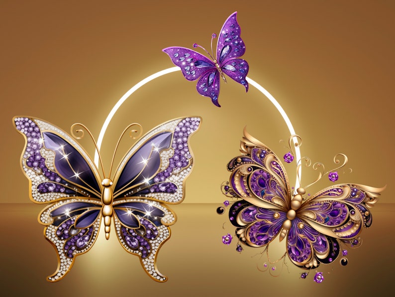 3D Purple Sparkling Butterflies Clip Art