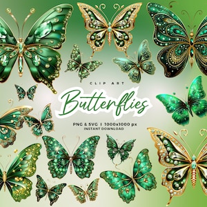 Clipart papillons scintillants or vert 3D, clipart papillons scintillants, illustrations embellissements de scrapbooking usage commercial PNG SVG JPG