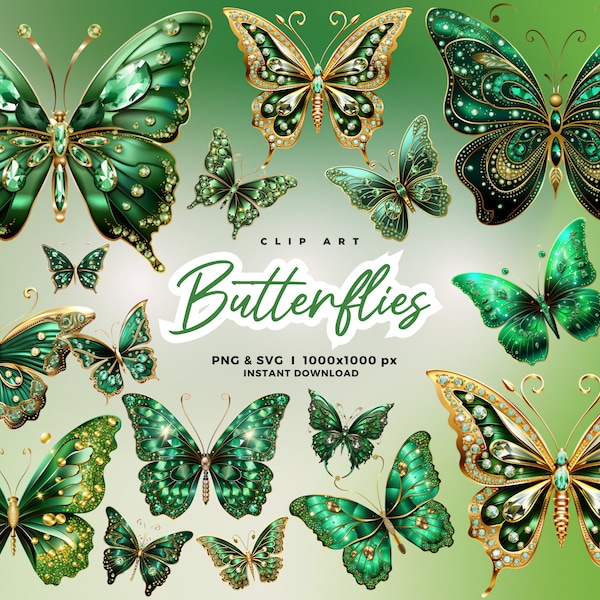 3D Green Gold Sparkling Butterflies Clip Art, Glitter Butterflies Clipart, illustrations scrapbook embellishments Commercial use PNG SVG JPG