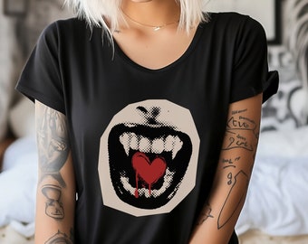 Unisex Punk Goth Vampire Fang and Heart Cotton TShirt