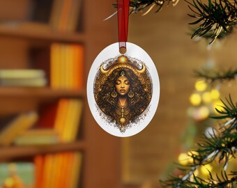 Goddess Crescent Moon Mother Earth Metal Ornament | Mother Earth Woman's Queen Illustration, Christmas Decor, Ornaments
