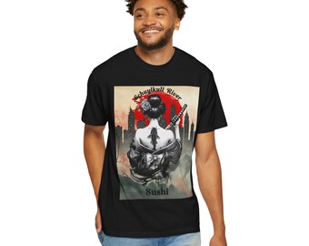Geisha Warrior Illustration T-shirt Skukill River| Samurai Cityscape, Retro Sun