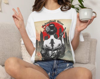 Geisha Samurai Illustration T-shirt Schukill river| Urban Tokyo Skyline, Sword, Sushi Text