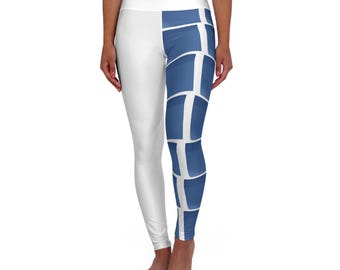 Blue Tile Grid Yoga Leggings, High-Waisted Geometric Print