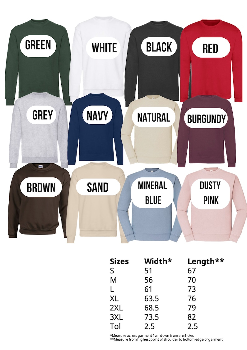 K&ouml;nnte beinhalten: Eine Tabelle mit den Gr&ouml;&szlig;en, Breiten und L&auml;ngen von Sweatshirts in verschiedenen Farben, darunter Gr&uuml;n, Wei&szlig;, Schwarz, Rot, Grau, Marine, Natur, Burgunder, Braun, Sand, Mineralblau und Dusty Pink.