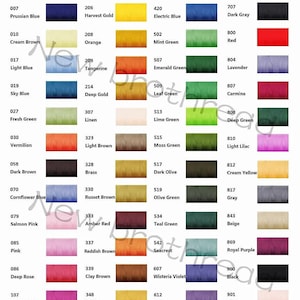 Pode incluir: Uma cartela de cores com uma grade de sessenta e quatro carret&eacute;is de linha retangulares, cada um rotulado com um c&oacute;digo num&eacute;rico e nome de cor, incluindo tons de branco, amarelo, azul, verde, vermelho, marrom, cinza e roxo, com o texto New brothread.