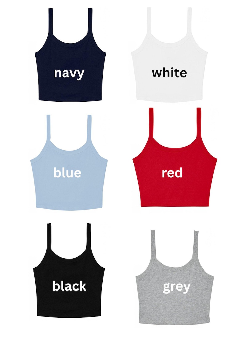 Pode incluir: Uma cole&ccedil;&atilde;o de seis tops curtos sem mangas dispostos em duas colunas. As cores incluem azul-marinho, branco, azul-claro, vermelho, preto e cinza. Cada top apresenta um decote redondo e al&ccedil;as finas, com o nome da cor impresso no centro.