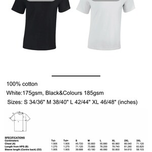 Pode incluir: Uma t-shirt preta e uma t-shirt branca lado a lado. O texto indica 100% algod&atilde;o, pesos de 175 g/m&sup2; para o branco e 185 g/m&sup2; para o preto, e tamanhos de S a 3XL com uma tabela de especifica&ccedil;&otilde;es detalhada em cent&iacute;metros.