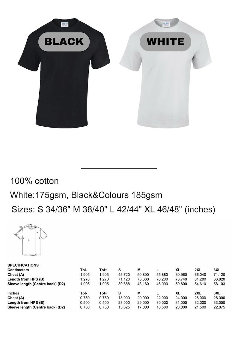 Pode incluir: Uma t-shirt preta e uma t-shirt branca lado a lado. O texto indica 100% algod&atilde;o, pesos de 175 g/m&sup2; para o branco e 185 g/m&sup2; para o preto, e tamanhos de S a 3XL com uma tabela de especifica&ccedil;&otilde;es detalhada em cent&iacute;metros.