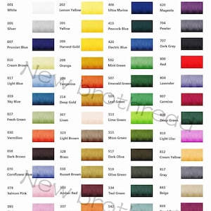 May include: A color chart showing 63 spools of 100% polyester embroidery machine thread. The spools are arranged in rows and columns, with each spool labeled with a number and a color name. The colors range from white to black, and include shades of red, blue, green, yellow, orange, brown, pink, purple, and gray.