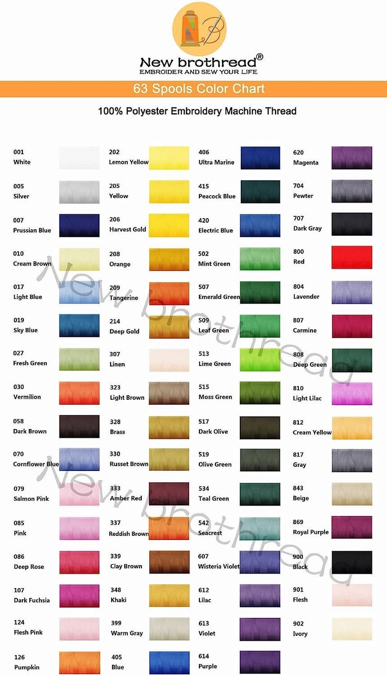 May include: A color chart showing 63 spools of 100% polyester embroidery machine thread. The spools are arranged in rows and columns, with each spool labeled with a number and a color name. The colors range from white to black, and include shades of red, blue, green, yellow, orange, brown, pink, purple, and gray.
