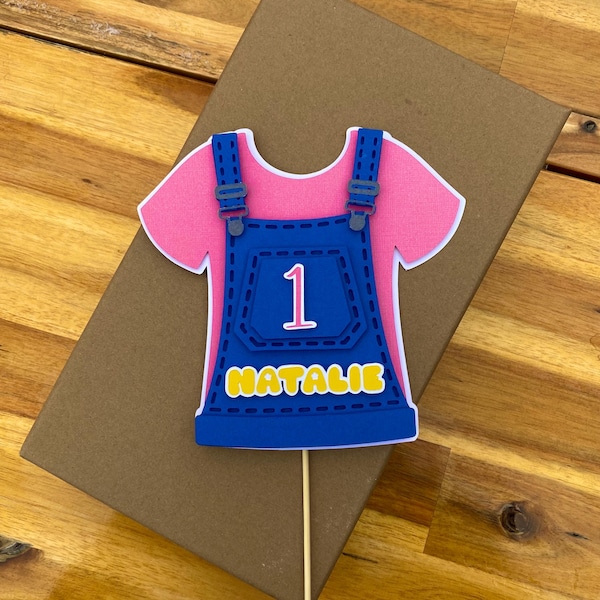 Customizable Pink Shirt & Overalls Cake Topper: Handmade Birthday Party Decor