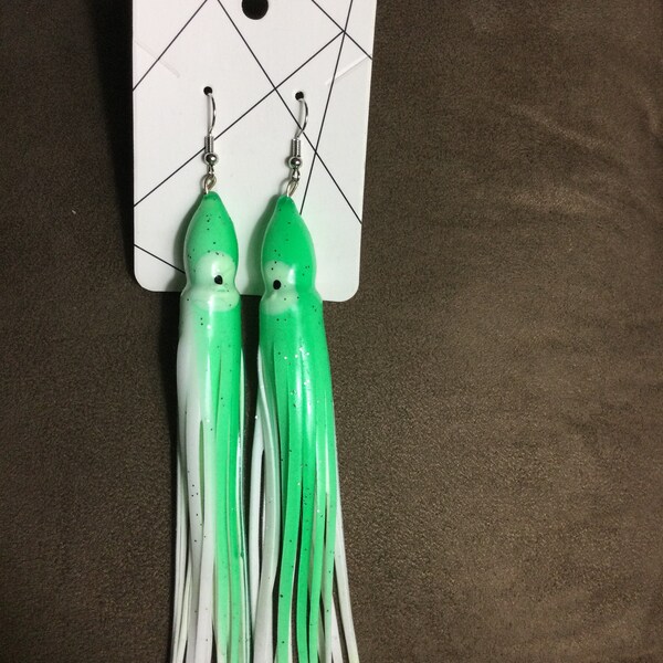 Green and White Squid Earrings