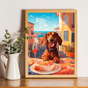 Perro salchicha comiendo pasta de espagueti con vino en Italia, cartel de decoración de verano, arte de pared para oficina, sala de estar, cocina, descarga de impresión digital