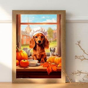 May include: A brown dachshund wearing a white chef's hat sits in front of a window with a view of a town. The dog is surrounded by pumpkins and fall leaves.
