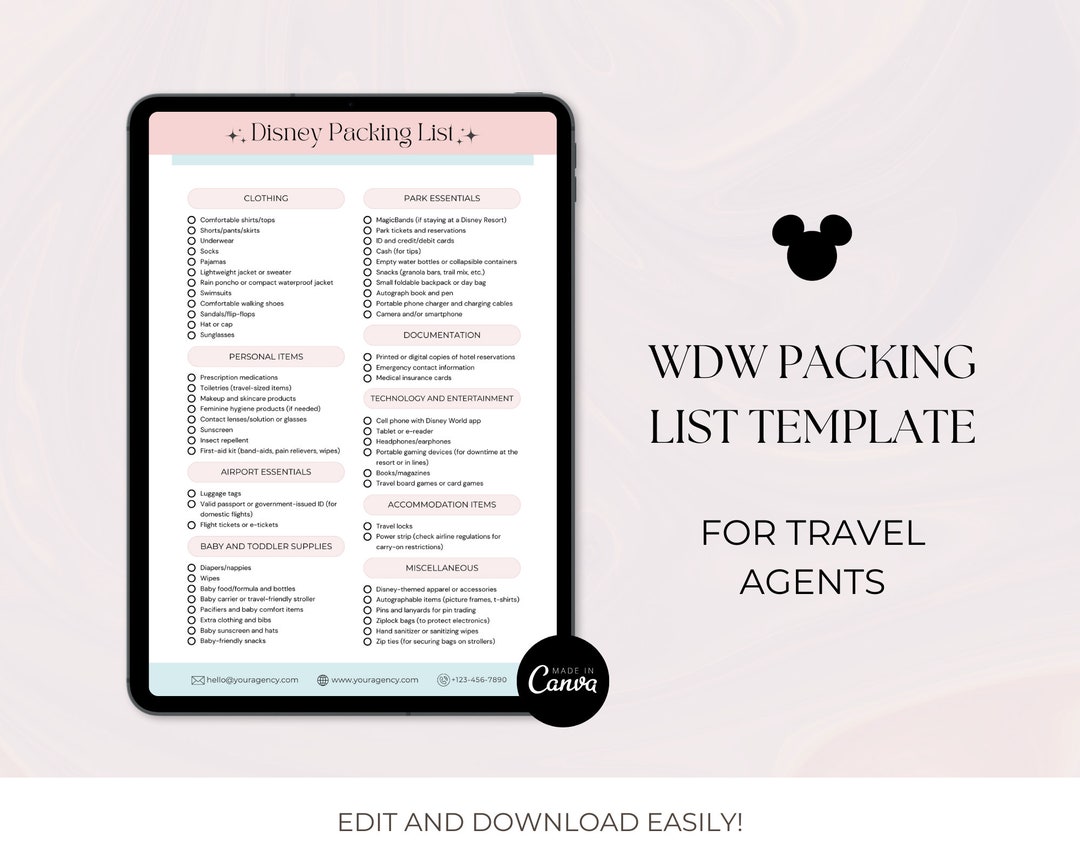 WDW Vacation Packing List, WDW Checklist, Travel Agent Template, Canva ...