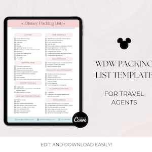 Könnte beinhalten: Eine druckbare Checkliste zum Packen für eine Reise nach Walt Disney World. Die Checkliste ist nach Kategorien geordnet, wie z. B. Kleidung, Park-Essentials, persönliche Gegenstände, Flughafen-Essentials, Baby- und Kleinkindbedarf, Unterbringung und Sonstiges. Die Checkliste ist für Reisebüros konzipiert.