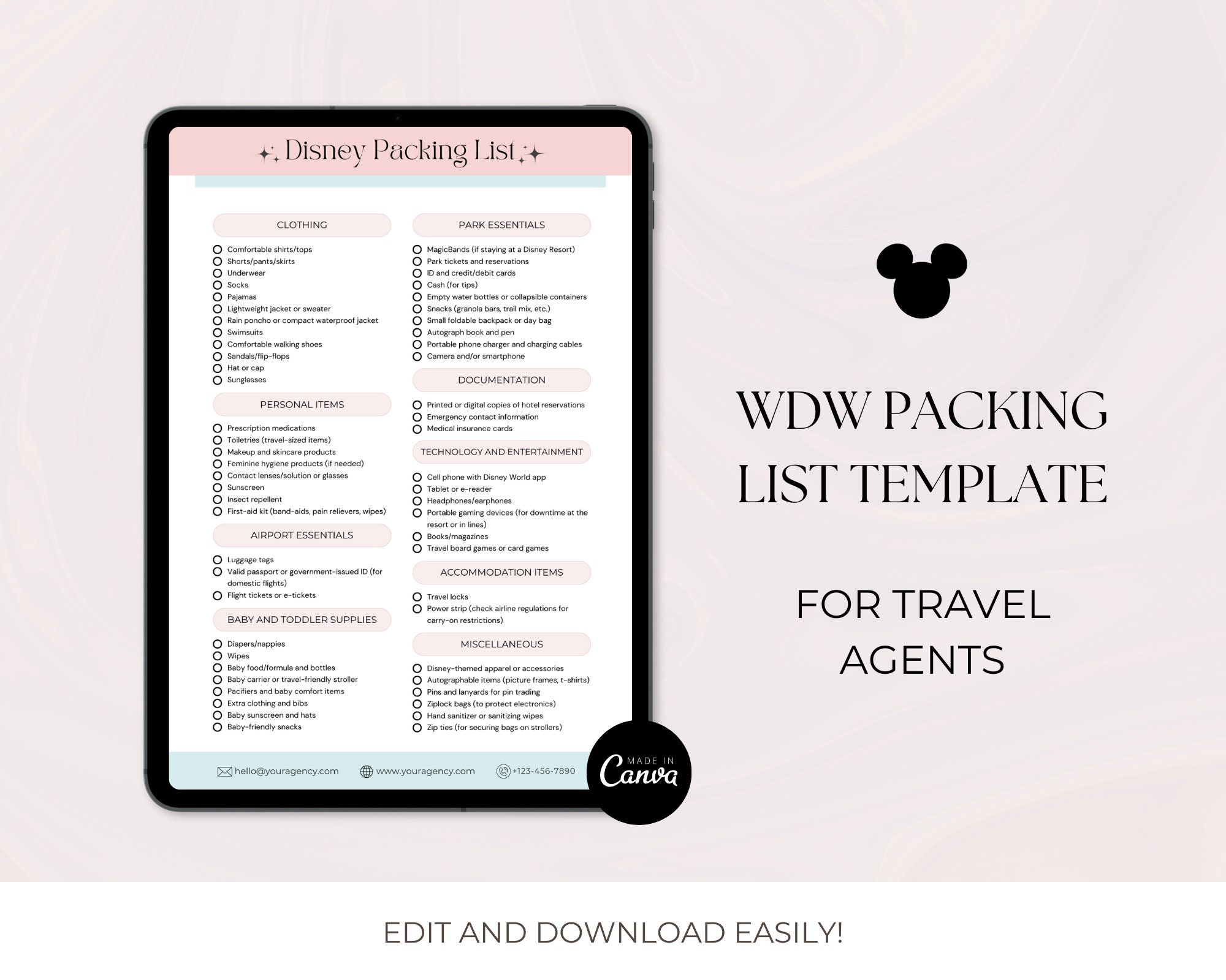 WDW Vacation Packing List, WDW Checklist, Travel Agent Template, Canva ...