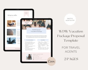 May include: A digital download template for travel agents to create vacation packages for Walt Disney World Resort. The template features a pink and blue color scheme with a photo of Cinderella's Castle. The text on the template reads "WDW Vacation Package Proposal Template for Travel Agents 2 Pages".