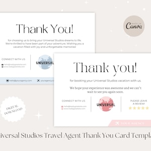 Nota de agradecimiento del agente de viajes de Universal Studios al cliente, nota de agradecimiento, plantilla Canva, tarjeta de agradecimiento editable del agente de viajes