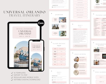 May include: A digital planner template for a Universal Orlando vacation. The template includes a pink and white color scheme with a globe graphic and the text "Universal Orlando Travel Itinerary".