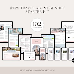May include: A digital marketing kit for travel agents specializing in Disney vacations. The kit includes 102 templates with a pink and white color scheme featuring images of Cinderella's Castle and Mickey Mouse. The text on the image reads "WDW Travel Agent Bundle Starter Kit" and "102 Templates".