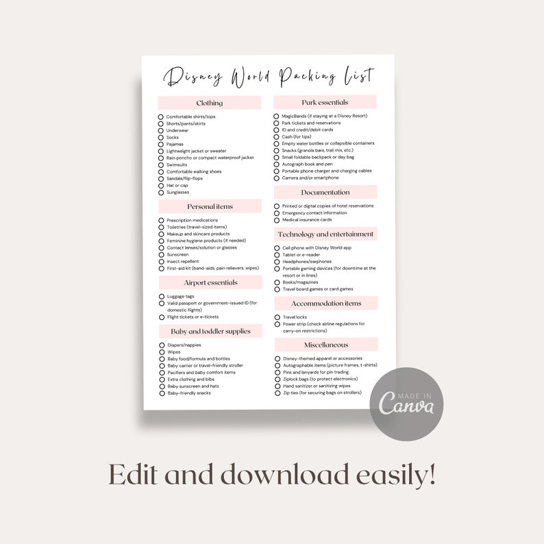 Vacation Packing List, WDW Checklist, Travel Agent Template, Canva ...