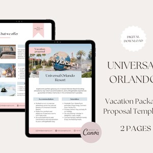 May include: A digital download template for a Universal Orlando vacation package proposal. The template features a pink and white color scheme with a globe graphic and the text "Universal Orlando Resort".