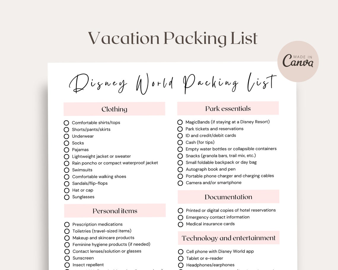 Vacation Packing List, WDW Checklist, Travel Agent Template, Canva ...