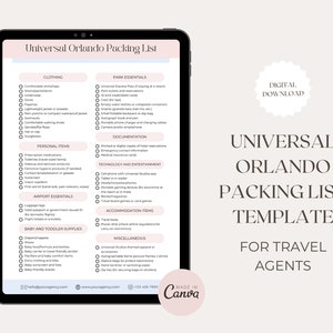 May include: A digital packing list template for travel agents visiting Universal Orlando. The list includes categories for clothing, park essentials, personal items, airport essentials, baby and toddler supplies, documentation, technology and entertainment, accommodation items, and miscellaneous.