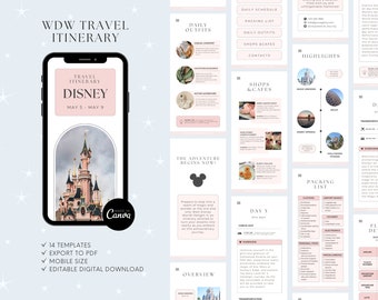 Könnte beinhalten: Eine digitale Reiseplanvorlage für einen Walt Disney World-Urlaub, angezeigt auf einem Smartphone. Das Design verfügt über ein rosa und weißes Farbschema mit einem Schlossbild und dem Text "Disney" und "5. bis 9. Mai". Enthält 14 Vorlagen, Export nach PDF und mobile Größe.