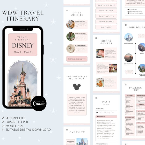 WDW Travel Itinerary Template, Mobile Travel Planner, WDW Agent, Travel Agent Vacation Checklist, Canva, Travel Agency, Timeline, Agenda