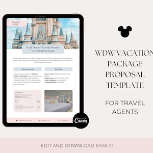 Modelo de proposta de agente de viagens WDW, modelo de oferta de agente de viagens, oferta editável de agente de viagens, proposta de pacote de férias, modelo Canva