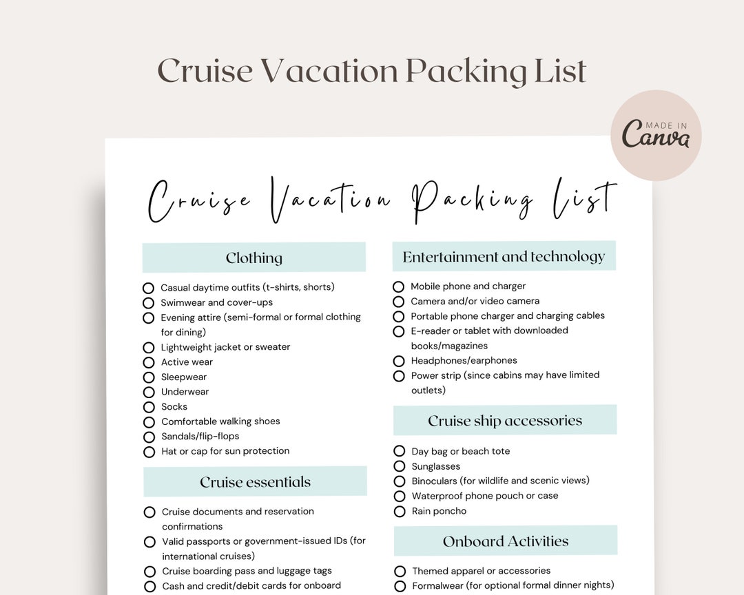 Cruise Vacation Packing List, DCL Checklist, Travel Agent Template