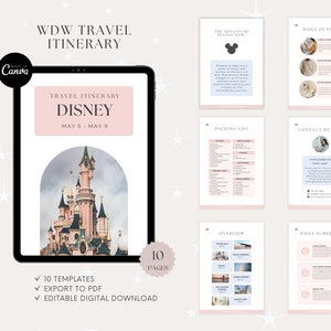 Puede incluir: Una plantilla de planificador digital para unas vacaciones en Disney World. La portada presenta un castillo rosa con un cielo azul y nubes blancas. El texto en la portada dice "Travel Itinerary Disney May 5 - May 9". El planificador incluye 10 páginas y es editable.