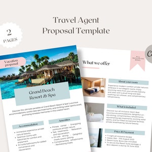 Könnte beinhalten: Eine Vorlage für ein Reisebüro-Angebot für das Grand Beach Resort & Spa. Die Vorlage zeigt ein Foto des Resorts mit Wasserbungalows und einem tropischen Strand. Der Text auf der Seite enthält Informationen über die Unterkünfte des Resorts, die Annehmlichkeiten und was im All-Inclusive-Paket enthalten ist.