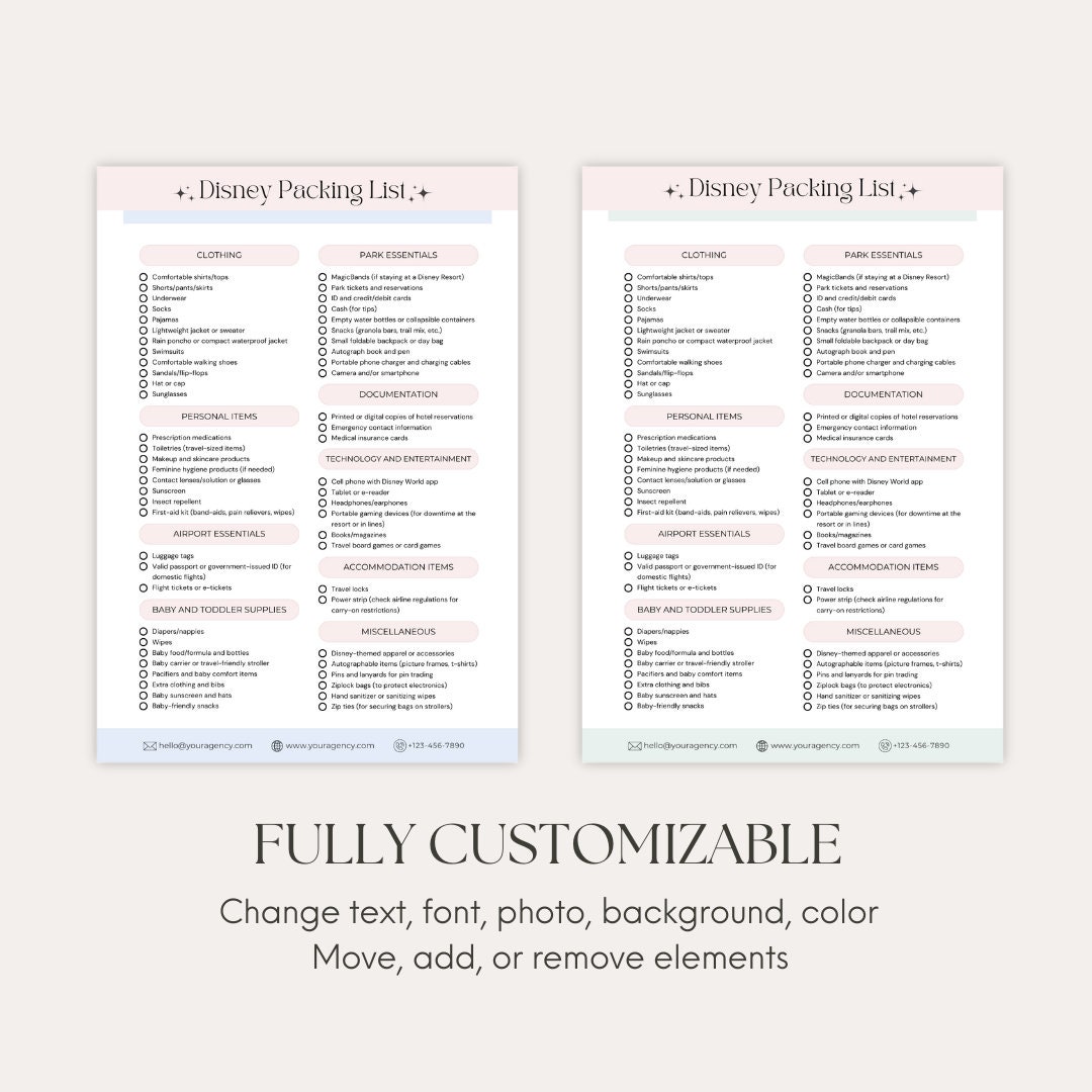 WDW Vacation Packing List, WDW Checklist, Travel Agent Template, Canva ...