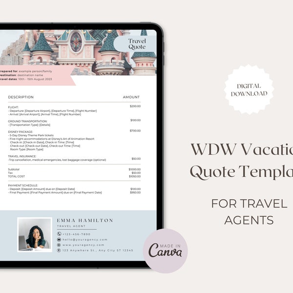 WDW Travel Agent Quote Template, Vacation Quote Template, Quotation Template, Travel Agent Quote Form, Canva Template, Travel Agency