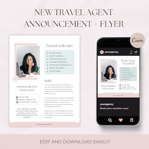 May include: A pink and white flyer featuring a photo of a woman smiling. The flyer advertises travel agent services with the text "Travel with me!" and lists various travel packages, including group trips, solo travellers, family holidays, couples getaways, adventure expeditions, beach retreats, and city breaks. The flyer also includes the text "Emma Hamilton Travel Agent" and contact details.