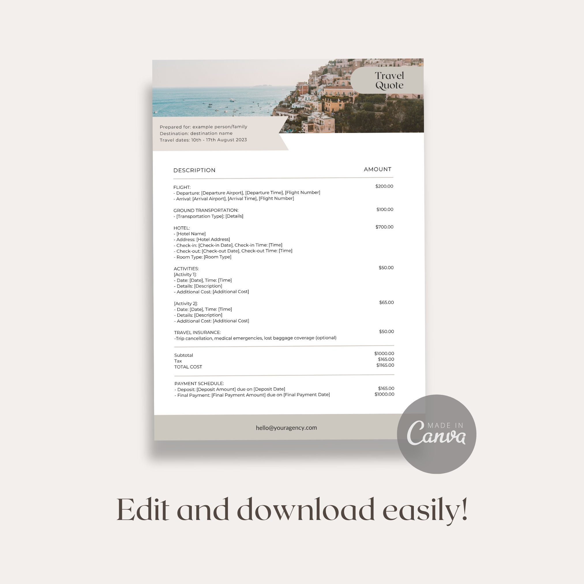Travel Agent Quote Template, Vacation Quote Template, Quotation
