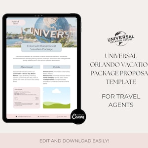 Mall för resebyråförslag från Universal Orlando, mall för resebyråerbjudande, redigerbart erbjudande från resebyrå, förslag på semesterpaket, Canva