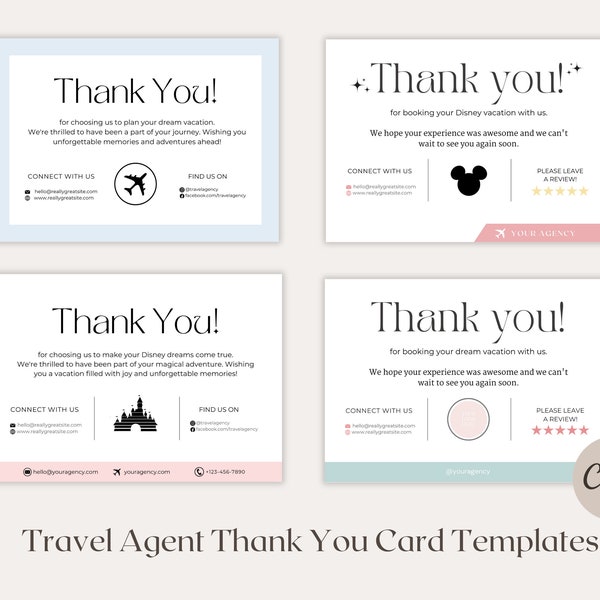 Note de remerciement d'agent de voyage au client, note de remerciement, modèle Canva, carte de remerciement modifiable d'agent de voyage, modèle d'agent de voyage WDW