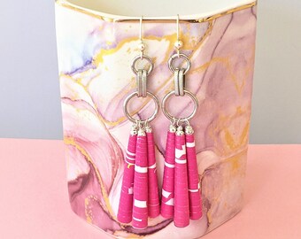 Hot Pink Paper Bead Earrings, Lightweight Dangle Earrings, 1 Year Anniversary Gift, Unique Earrings, Barbie Earrings, Statement Earrings