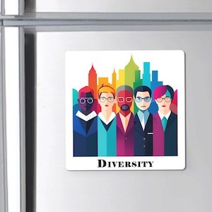 May include: A colorful illustration of five people standing in front of a city skyline. The people are diverse in skin tone, hair color, and clothing. The text "DIVERSITY" is printed below the illustration.