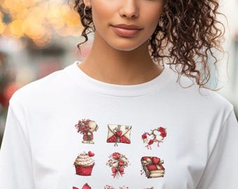 Valentinstag süßes grafisches T-Shirt, Liebes-Icons Shirt, romantisches Herz T-Shirt, süßes Valentinstag Geschenk für Frauen, Mädchen & Jugendliche