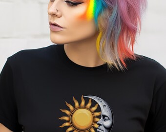 Sol och måne himmelsk T-shirt, mystisk astrologi grafisk T-shirt, boho andlig T-shirt, kosmisk Yin Yang sol och måne konst, häxig estetisk topp
